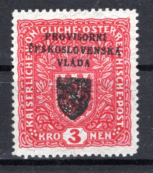 RV 17 a, I. Pražský přetisk, papír žilkovaný, znak, červená 3 K, zk. Gi. 