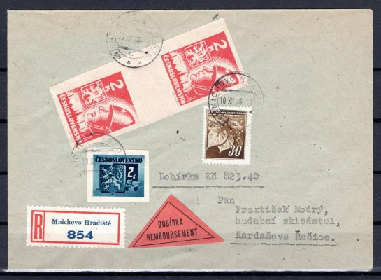 354 ; R dobírkový dopis vyplacený mimo jiné krajovým svislým meziarším 354 Ms - 2 K červená 