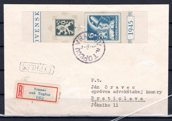 R, ex dopis - vyplacený části aršíku s 6 K modrá - provizorní razítko Vranov nad Toplou l - 3.9.45 