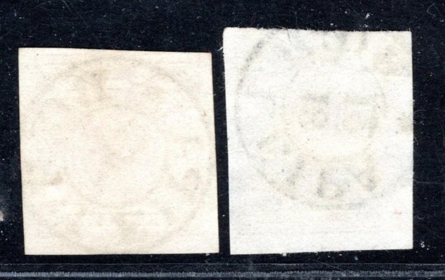 2 x  Michel číslo 3  ; 2 kusy ; 3 Kr první emise - razítko Česká Lípa ; 1 x převrácené datum ( zastřižená ) 