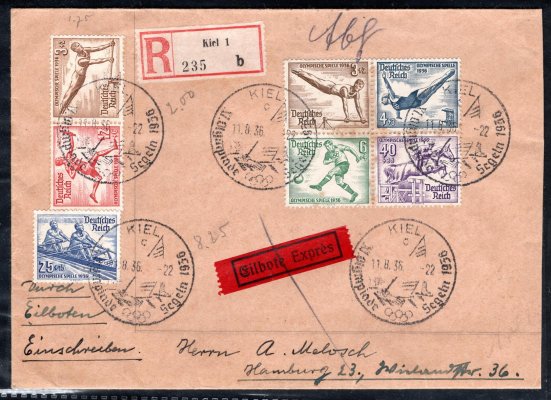 DR, 2 x  R, Ex dopisy se známkami z bloků 5 a 6 , OH 1936,  6 Pfg zimní OH + 1 Pfg Hindenburg, podací razítko Kiel, adresováno do Hamburgu s příchozím razítkem, dekoratiní