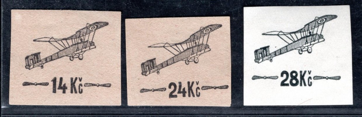 L 1 -  L 3  ,  ZT, černotisk, zkusmé přetisky pro I. leteckou emisi, na křídovém a nahnědlém papíru, 2 x zk. Što