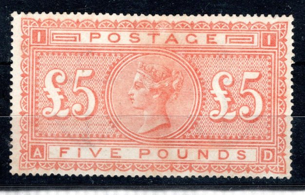 Anglie - SG. 137, (Mi. 66x), papír bílý, oranžová 5 Liber, neupotřebená, oprava lepu  a část  nepůvodního  lepu , velmi vzácná a hledaná známka, kat. SG 14500 Liber - atest  z roku 2016 - Královská Anglická Asociace  - mimořádná známka nepoužité !  populární oranžové 5 libry - u nás poprvé v aukci 