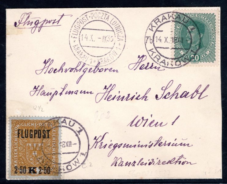 Polská letecká pošta, dopis malého formátu, vyplacený rakouskými  předběžnými  známkami Karel 20 h a FLUGPOST 2,50 K žlutá, podací Krakov 14/X/18, příchozí Vídeň, 16/X/18