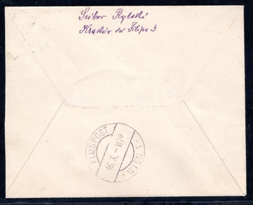 Polská letecká pošta, dopis malého formátu, vyplacený rakouskými  předběžnými  známkami Karel 20 h a FLUGPOST 2,50 K žlutá, podací Krakov 14/X/18, příchozí Vídeň, 16/X/18