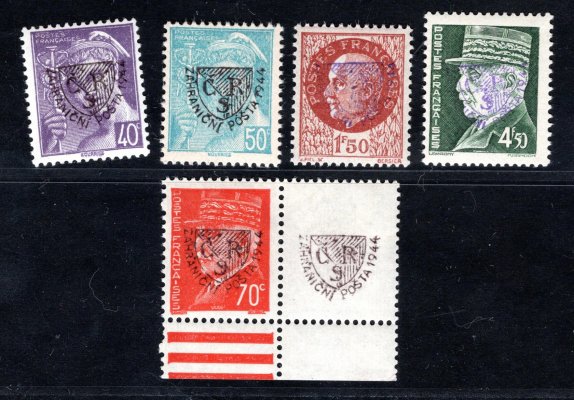 Exilové vydání Francie ; 5 kusů známek s přetiskem ČSR  - zahraniční pošta 1944 ; 1 x krajová s kuponem 