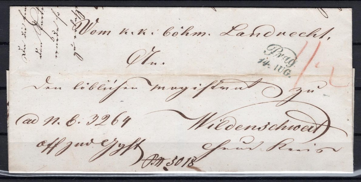 skládaný - dopis z roku 1848   se šedomodrým razítkem Prag - příchozí razítko WILDENSCHWERT ( Ústí nad Orlicí )  v modré barvě