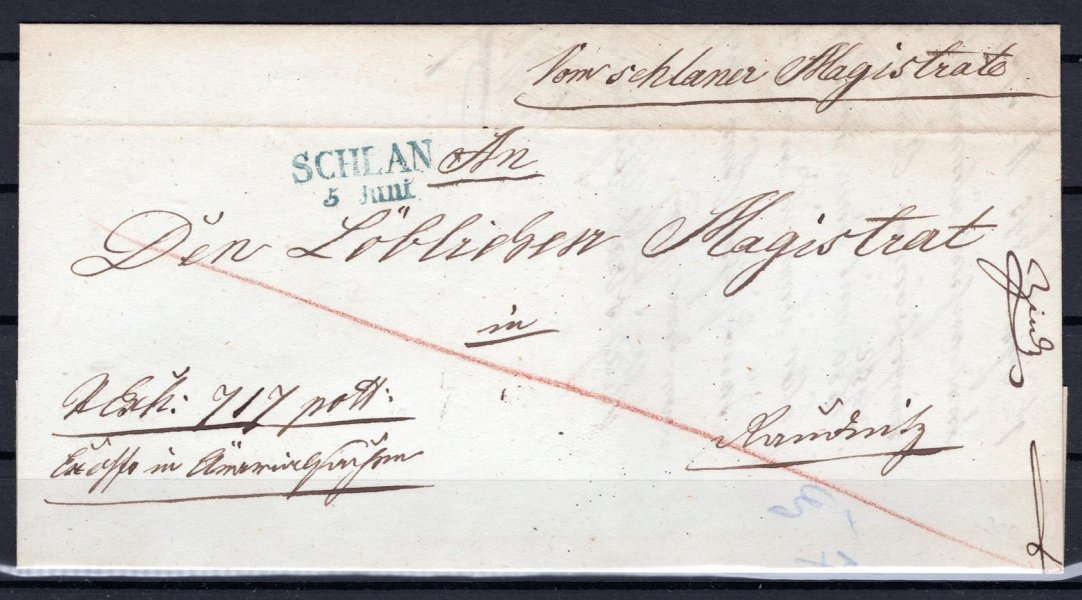 skládaný dopis z roku 1845 s modrým razíkem SCHLAN - ( Slaný ) 