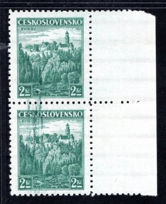 307 ; 2 kč Zvíkov - krajová dvoupáska - s rozmazanou barvou u obou známek  