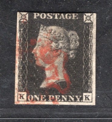 Anglie - Mi. 1, Viktorie, písmena  K-K, razítko - červený maltézský kříž