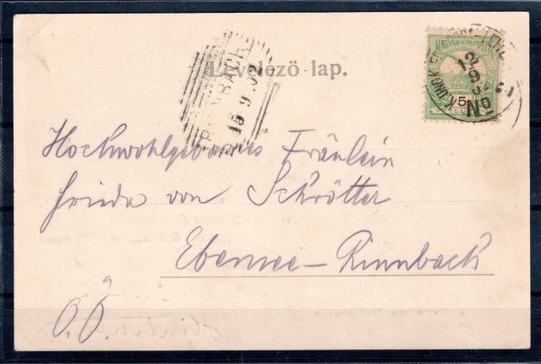 Pohlednice Gruss aus Sassin použitá během císařských manévrů u Šaštína r. 1902, s uherskou známkou 5 f, vzácné raz. K. UND K. FELDPOST-EXPOSITUR No. 2, 12. 9. 02.