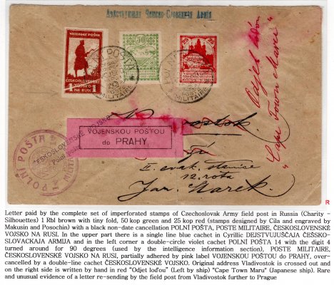 Polní pošta - dopis vyplacený kompletní sérií střihaných vojenských známek emise Siluety 25 K červená + 50 K zelená + 1 Rubl ( autor návrhu Cila, rytec Makusin a Posochin)  ,  , hodnota 1 rubl s výraznou složkou (!!)., tyto známky jsou znehodnocené černým razítkem československé polní pošty, obálka je opatřena i dalšími vojenskými razítky, a růžovou nálepkou -  adresováno do Prahy, mimořádný doklad vojenské poštovní přepravy o přeposlání polní pošty z Vladivostoku do Prahy!