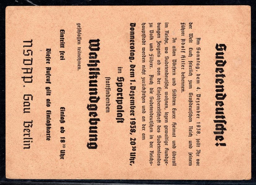Výzva - pozvánka pro Sudetské Němce na předvolební shromáždění 1.12.1938