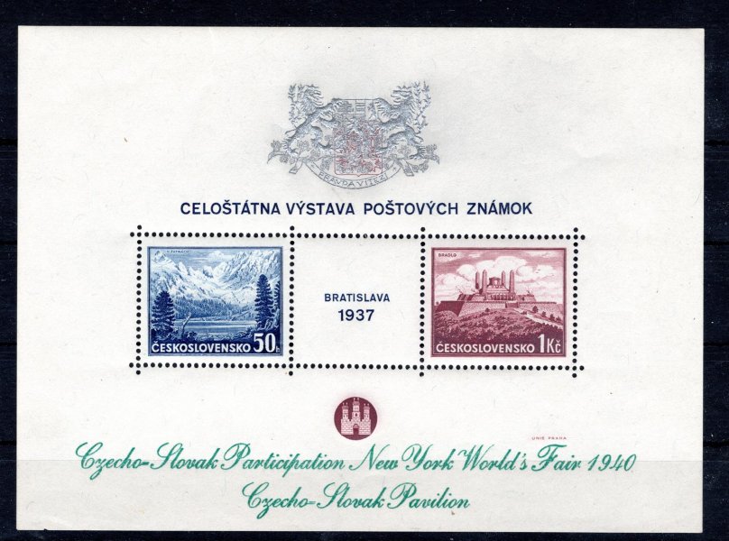 1939  New York,  ZT, stříbrný  přítisk ,zelený text  ( Slovak Fair 1940) na aršíku Bratislava 1937