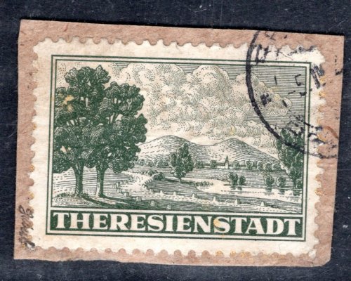Pr 1 A, Terezín, zelená  balíková připoštěcí známka, na výstřižku z balíku, zk. Gi