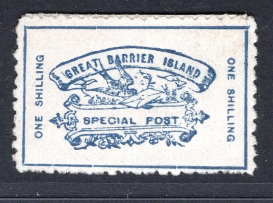 Nový Zeland - Velký barierový ostrov, kat. spec. NZ č.1  Pigeongram, 1 Sh modrý,velmi vzácná známka neopakovatelná nabídka