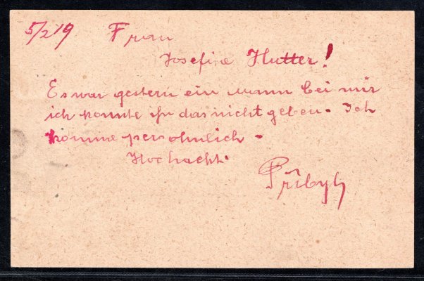 Půlené známky - korespondenční lístek vyfrankovaný mj. polovinou nezoubkované hradčanské známky hodnoty 20 h modrozelená, znehodnoceno jednokruhovým podacím razítkem KUSCHWART s datem 5. 2. 1919.