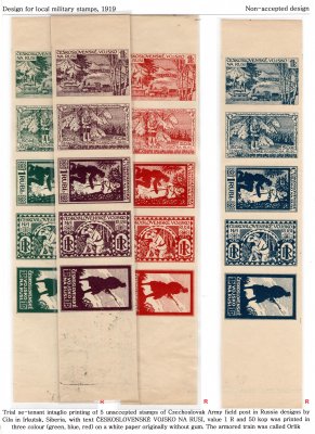 Polní pošta - soutisk kamenotiskových zkušebních tisků A. Novotného ve čtyřech barvách na jemném žlutém papíře