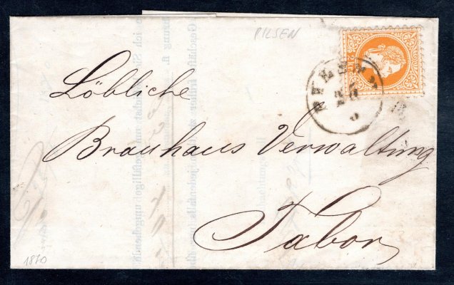skládaný dopis vyplacený známkou Mi. č, 35,  2 Kr žlutá F.J, z Plzně do Tábora