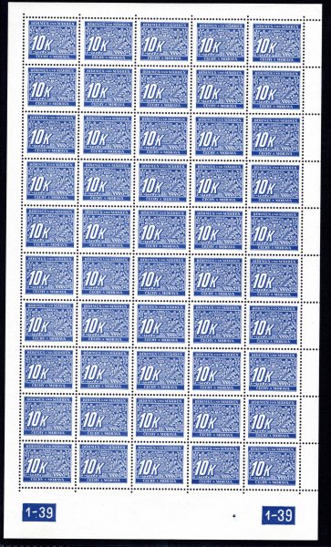 DL 13,  PA (50), modrá 10 K,  DČ 1-39, y-x, hledané, katalog cenu pro tuto variantu neuvádí