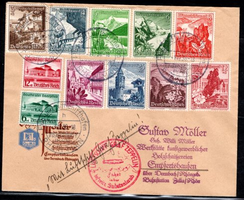 DR - zepelinová pošta, Sudetenlandfahrt 1938, s Mi. 673/4, 675/83, červený kašet, příchozí Liberec, 2/12/38