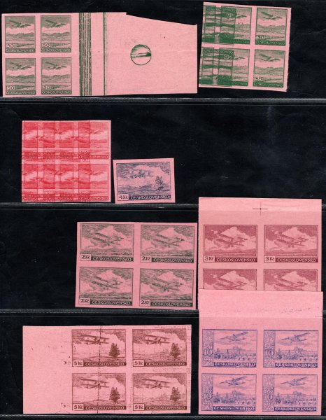 L 7 -  L 13 ZT, papír růžový, krásná sestava 4 bloků a známky v původních barvách, 1 x otisk šroubu, 2 x dvojitý tisk, zajímavé a hledané