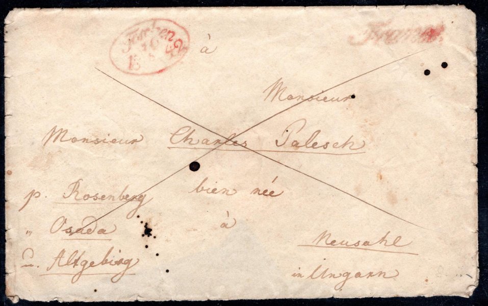 předznámkový  dopis z Těšína do Maďarska, razítko červené + Franco, lehké stopy poštovního provozu