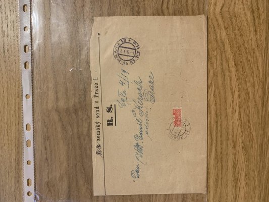 Soudní dopis vyplacený půlenou P 53 - 40 h malé číslo - razítko Praha 1 - 8.1. 1919 