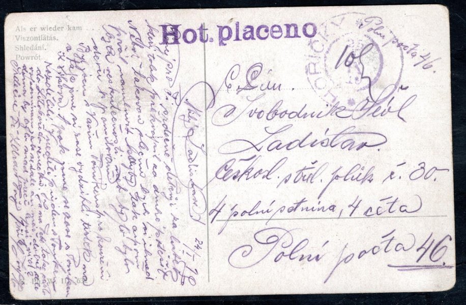 Pohlednice vyplacená v hotovosti s razítkem Hot. placeno - Hořičky 25.3.1919 