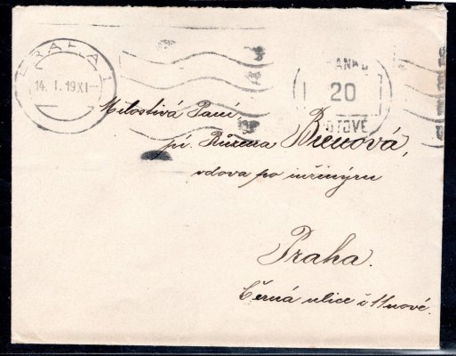 Dopis vyplacený strojovým razítkem  Franco hotově 20 (H) - Praha 1 - 14.1.1919 