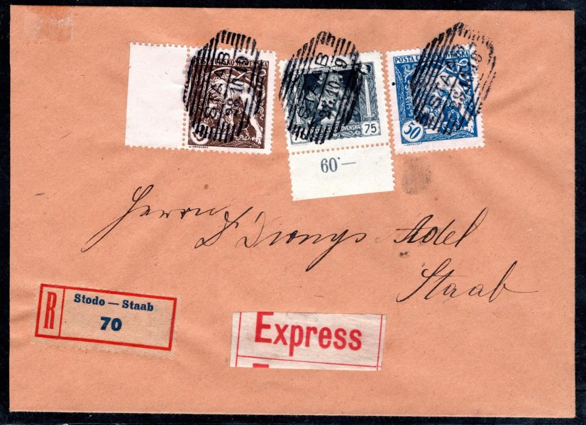 Ex, R dopis vyplacený třemi známkami - razítko Staab - 28.10.1919 - druhý den platnosti 
