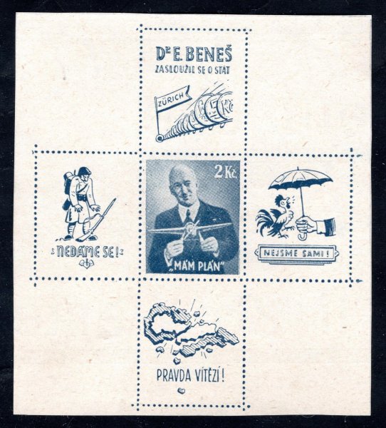 Nepřijatý návrh známky - Edvard Beneš - v malém aršíku s kupóny - tištěno na křídovém potištěném papíře 