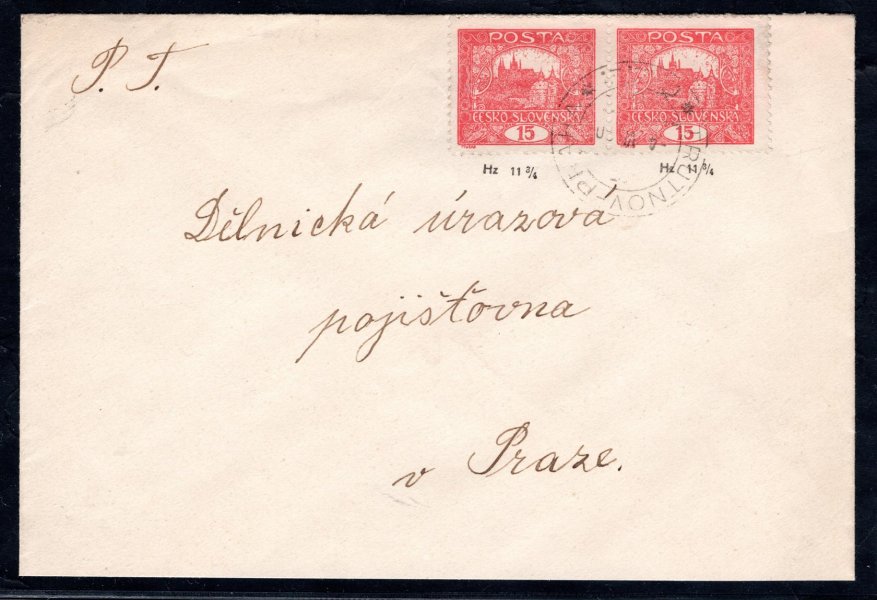 Dopis s dvoupáskou 15 h rumělková, HZ 11 3/4, razítko vlakové pošty TRUTNOV–PRAHA, 4. 6. 20.