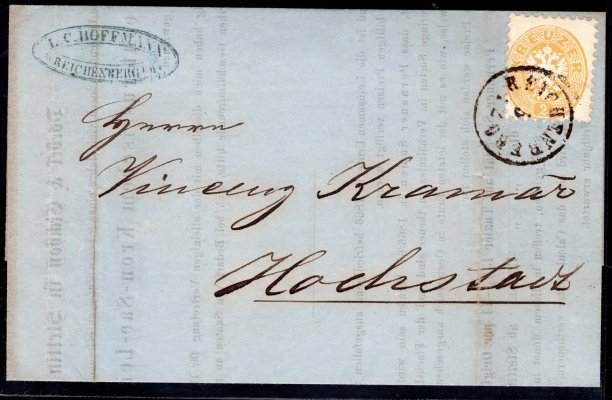 Skládaný dopis (tiskopis) z r. 1866 se známkou 2 kr páté emise, raz. REICHENBERG, 5. 12., ANK € 65.-