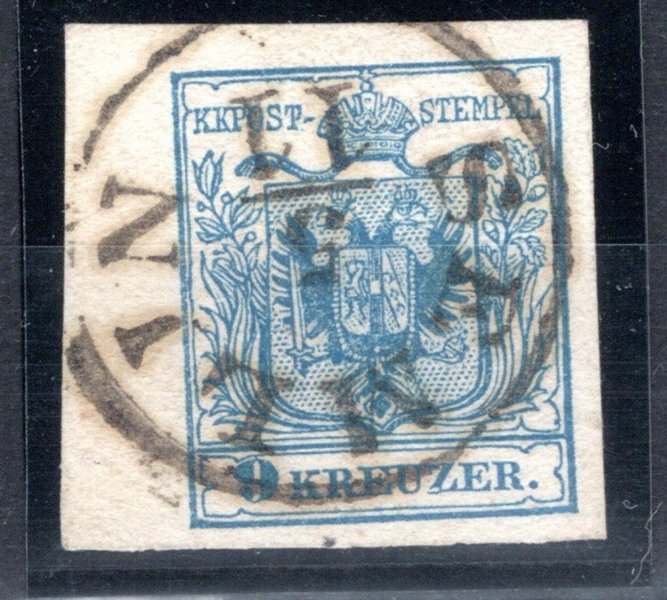 5 ; 9 kr modrá, strojní papír, typ IIIb, vlevo okraj 5-6 mm, raz. SEMLIN, kat. Ferchenbauer € 30.- + malá desková vada v Z (KREUZER).