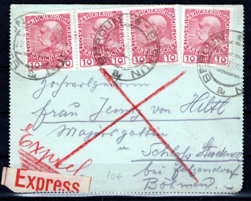 Express privátní zálepka, šestistránková (),  4x10 kr. FJ, jubilejní, BEROUN 23.6.1911, šlechtická korespondence,