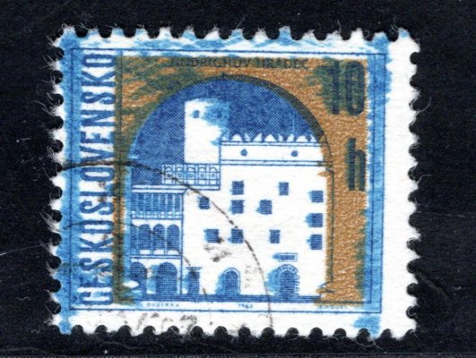 1481 Města 10h, raz. známka s velmi výrazně rozmazanou modrou ocelotiskovou barvou (mj. dva silné svislé pruhy přes levý a pravý rámeček, dekorativní