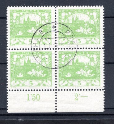 3 D, krajový 4 blok s počítadly, sv. zelená 5 h, razítko Praha 8, 1/I.19, rané použití zoubkovaných známek