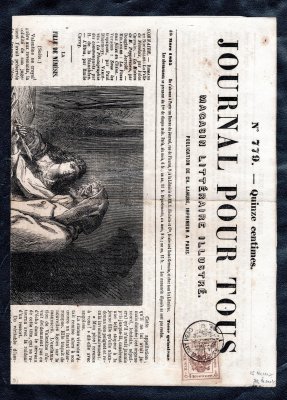 Úvodní strana Novin (1865) s novinovým kolkem Michel 4, 4 Kr hnědá - razítko Pražského kolkovního úřadu 