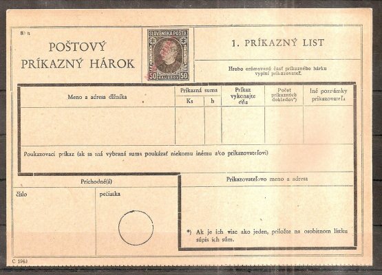 CPA 2.3 B,  kompletní poštovní příkazní list s přetiskem Československo, ruční červený přetisk