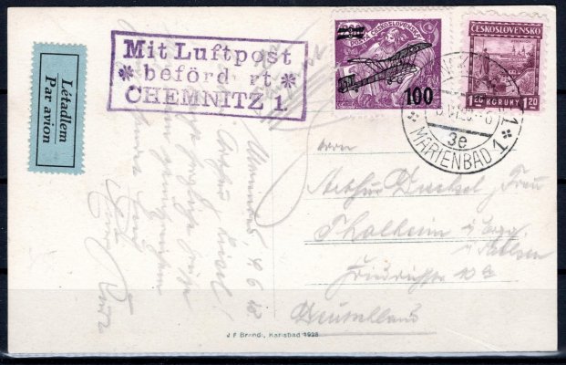 pohlednice Marianské Lázně, zaslaná letecky do Německa, vyplacená známkou L 5 a 219, letecká nálepka, potvrzovací rámečkové razítko německé letecké pošty, odesílací razítko Marianské Lázně 5/VI/28