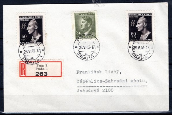 R dopis z Prahy 1,  28/V/43 - FDC, vyplacený 2 x č. 111 - Heydrich + č. 91,  adresovaný do Prahy-Záběhlic, příchozí Praha 75, 29/V/43