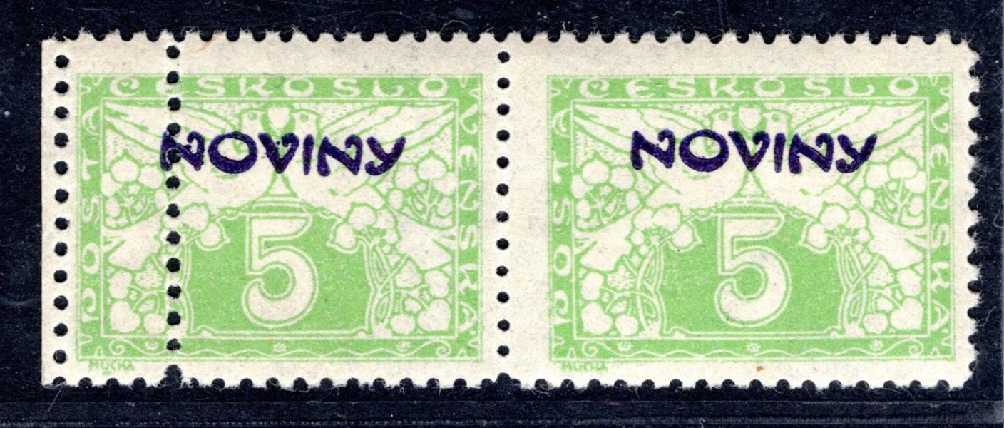 NV 12  dvoupáska 5 h zelená, ŘZ 11 1/2 na levé známce dvojitá perforace, hezké