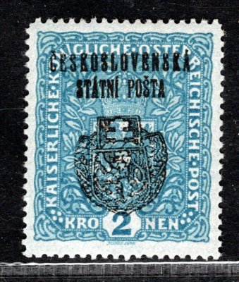 RV 37, II. Pražský přetisk, formát úzký 26 mm x 29 mm, dvl -  znak, modrá 2 K, zk. Le, Gi