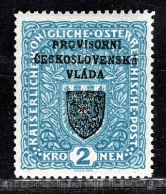 RV 16, I. Pražský přetisk, formát úzký, znak, modrá 2 K, zk. Tri, Hirsch