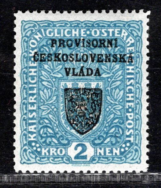 RV 16, I. Pražský přetisk, formát úzký, znak, modrá 2 K, zk. Tri, Hirsch