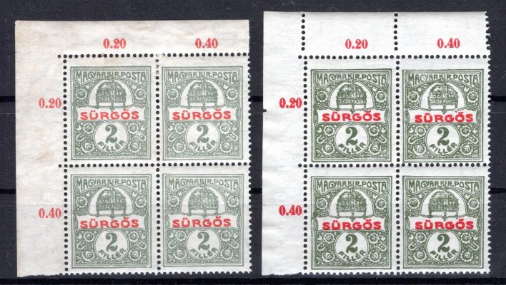 124  ; 4 - bloky rohové světlý a tmavý odstín  (bez přetisku)  ; 2 f spěšná  Madarské Michel 180  - předběžná známka   pro Pč 1919  ( Pofis 124)