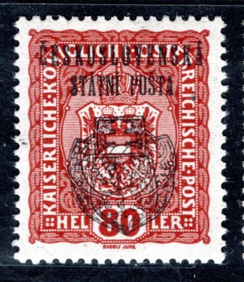 RV 34, II. Pražský přetisk, znak 80 h červenohnědá, zk. Gi