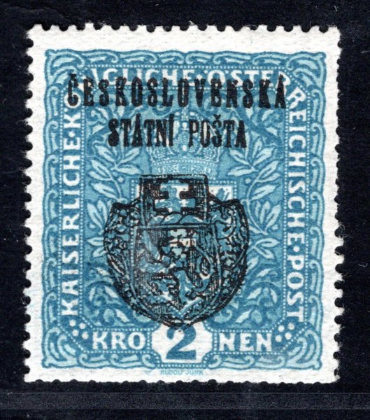 RV 37, II. Pražský přetisk, široký formát,  modrá 2 K, tupé / krátké  zuby - zkoušeno Vrba 
