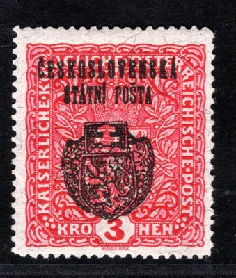 RV 38a, II. Pražský přetisk, papír žilkovaný, červená 3 K, zk. Vr